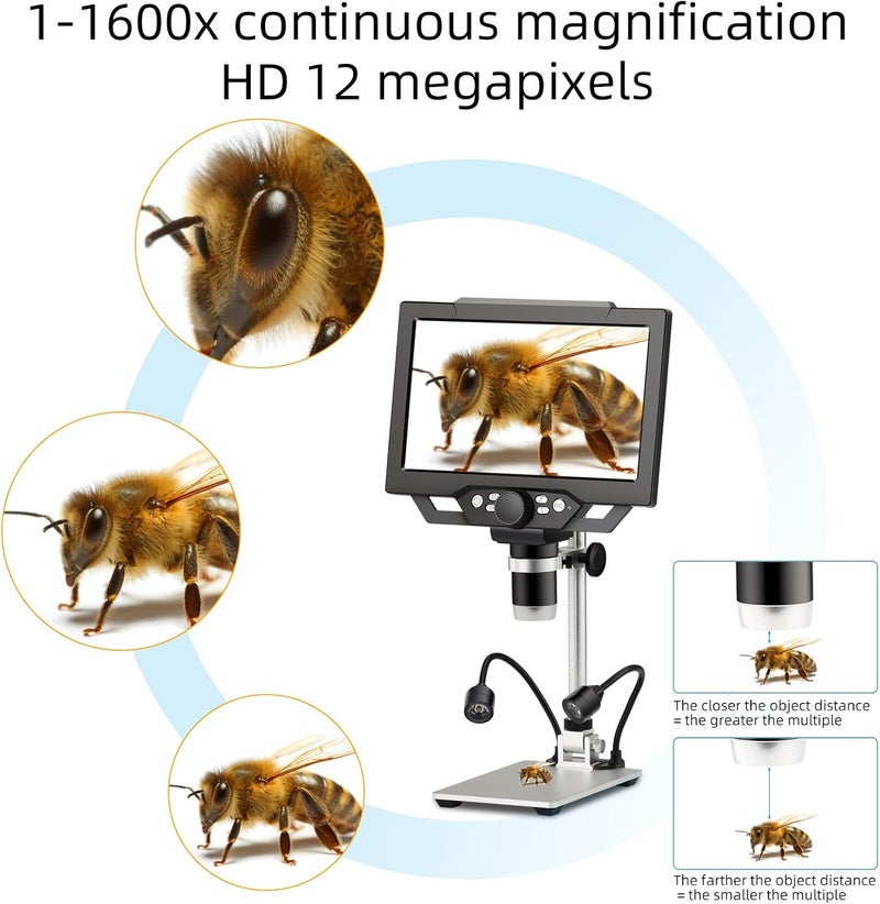 Koolertron 9-inch LCD Digital Microscope - 12MP 1600x 1080P HD, 32G TF Card & 5000mAh Battery, 10-inch Stand & Side Light for Plant/Rock/Circuit Board/Coin Detection and Analysis - Image 3